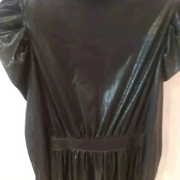 Lulus Dream Big Metallic Black Puff Sleeve Fringe Wrap Dress - Picture 7 of 8